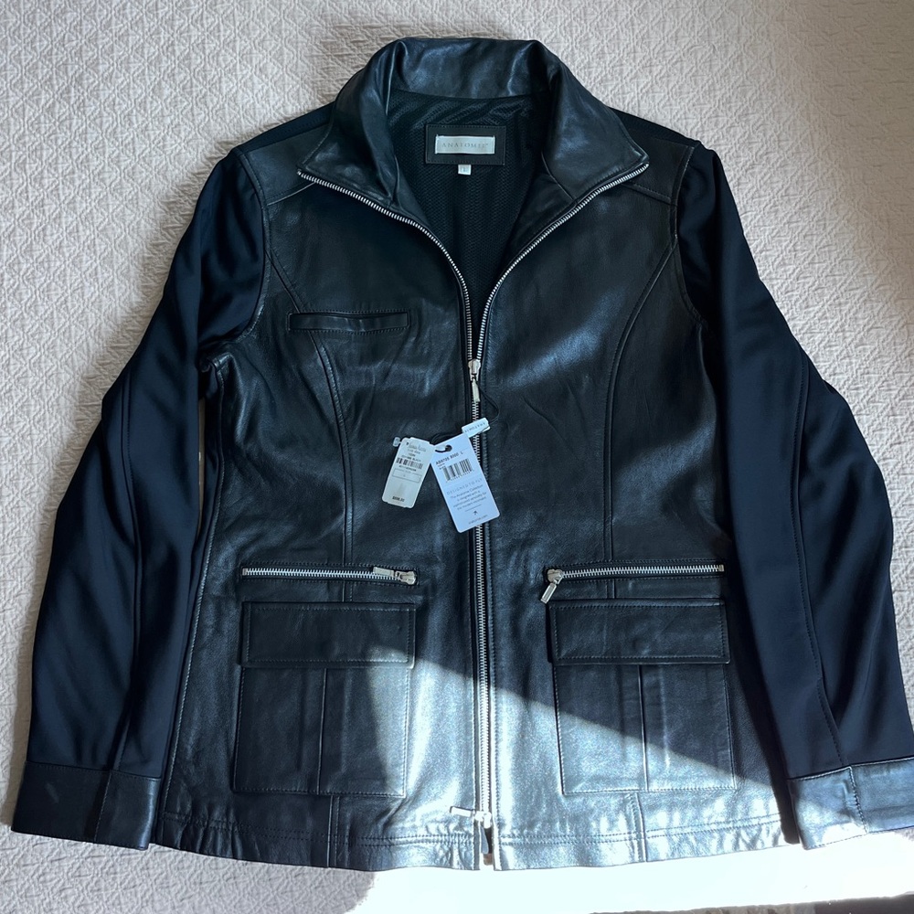 Anatomie “Edith” Black Leather Jacket with Stretch Fabric Back
